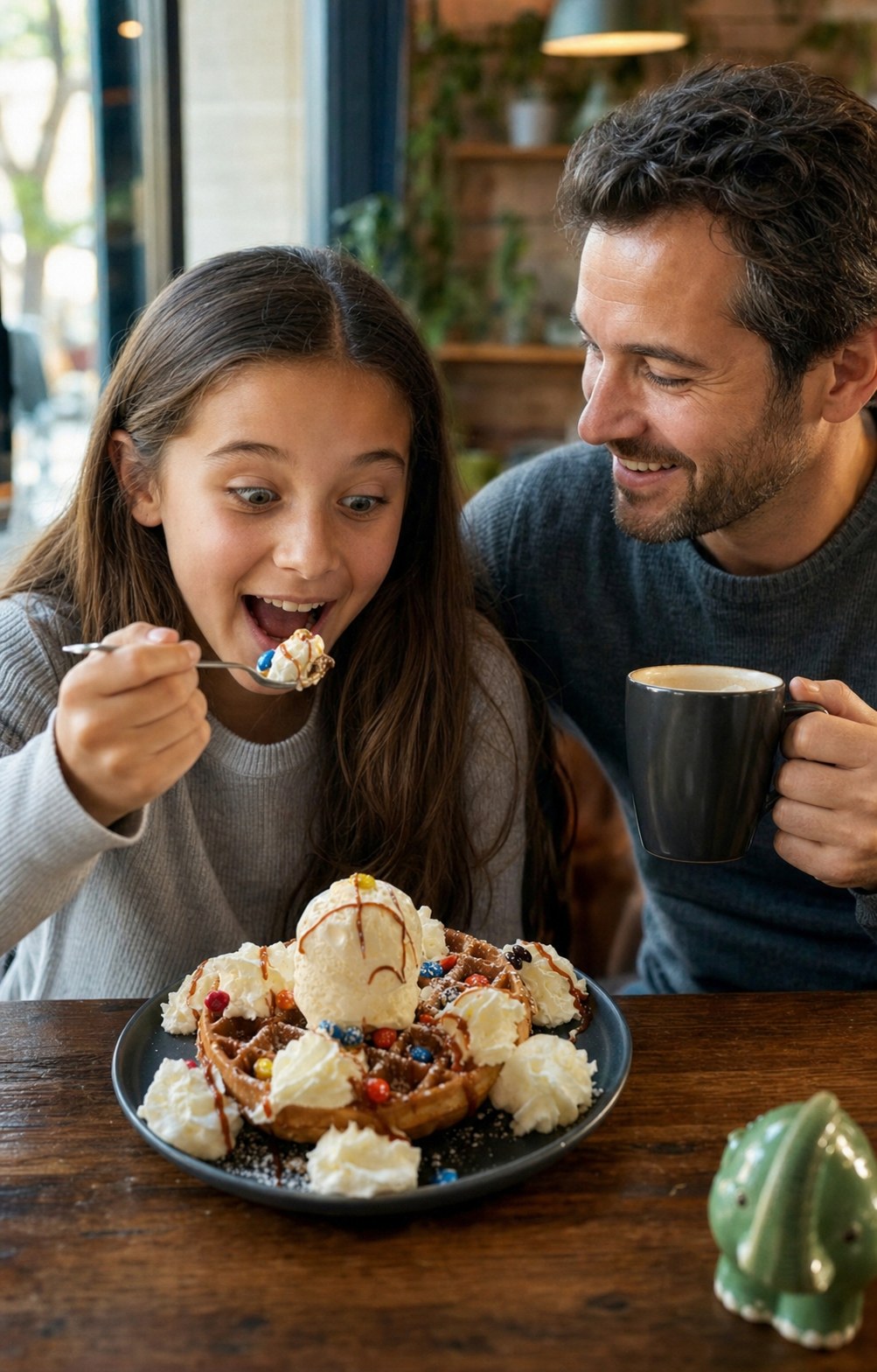 Niña con cara de felicidad probando el postre junto a su padre