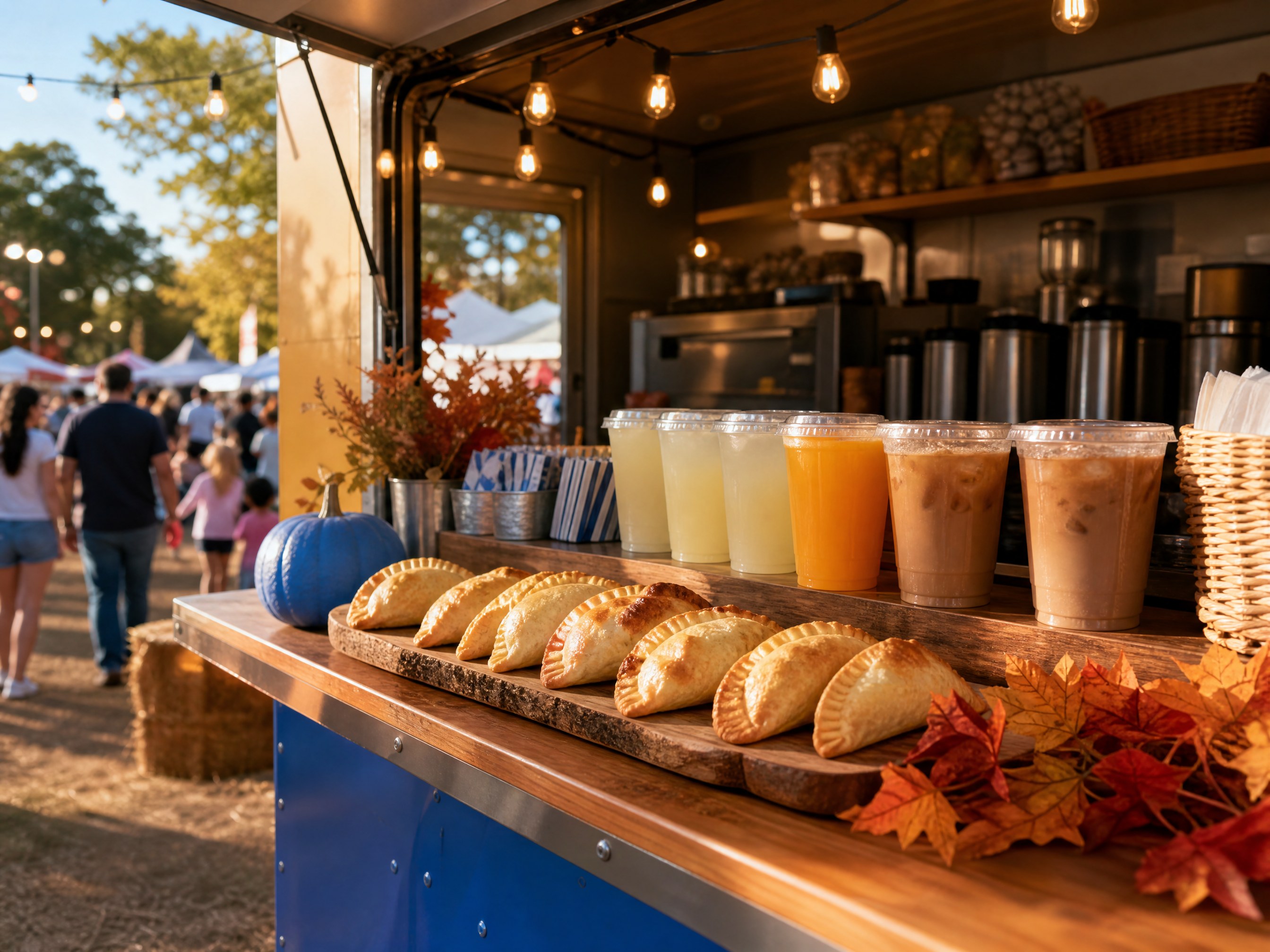 Puesto de NYC Breakfast Caffe en la feria, con empanadas, limonadas, jugo de naranja y café frío